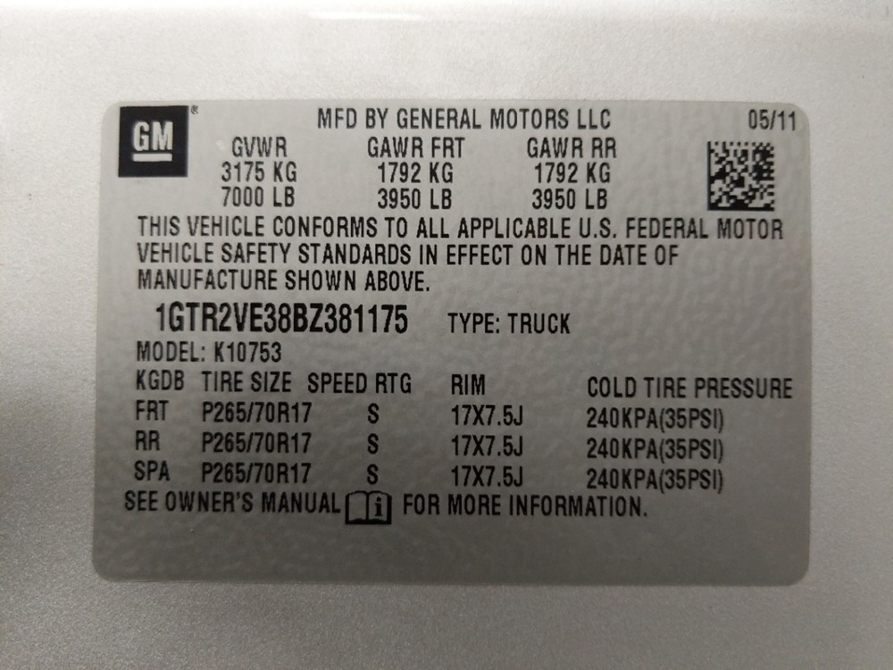 2011 GMC Sierra 1500 - VIN Plate