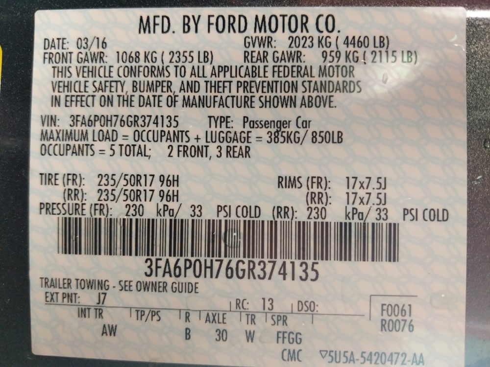 2016 Ford Fusion - VIN Plate