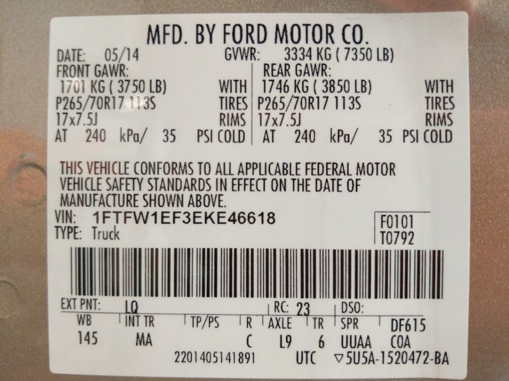 2014 Ford F-150 - VIN Plate
