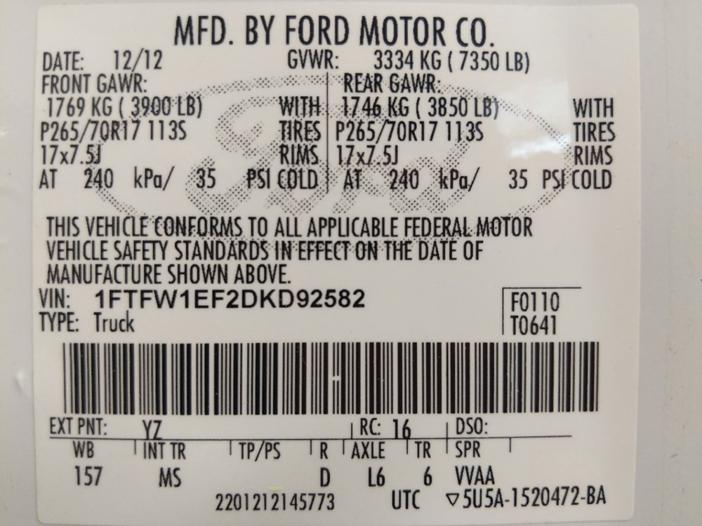 2013 Ford F-150 - VIN Plate