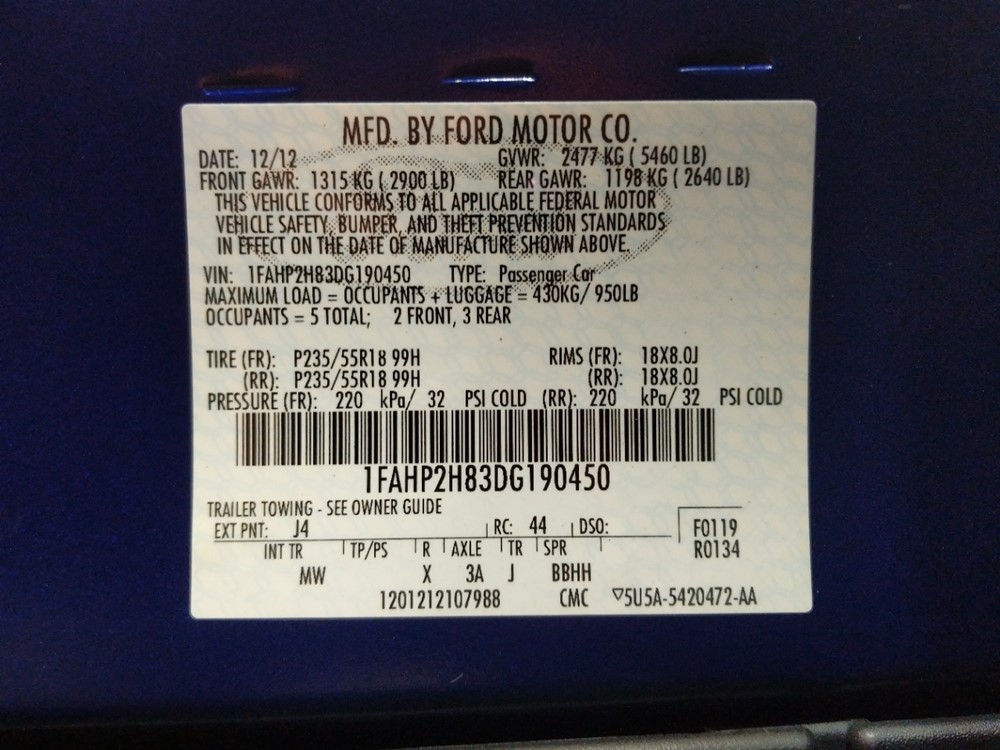 2013 Ford Taurus - VIN Plate