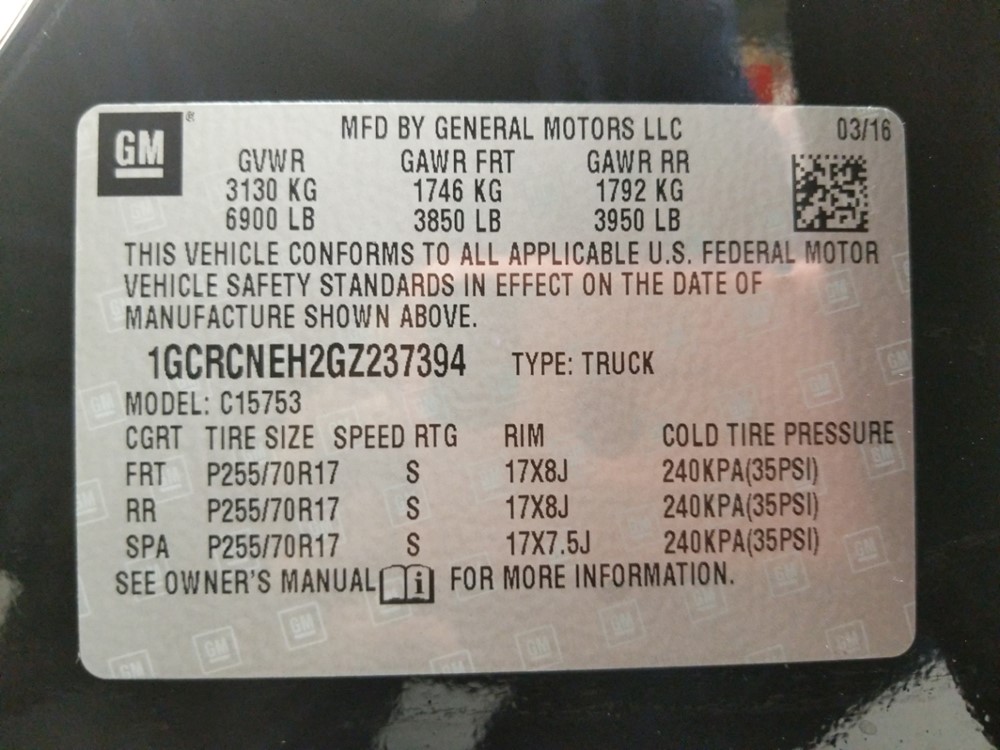 2016 Chevrolet Silverado 1500 - VIN Plate