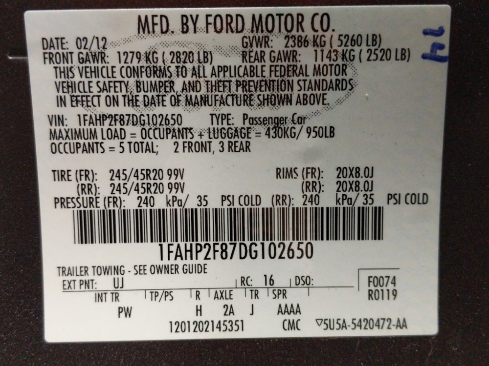2013 Ford Taurus - VIN Plate
