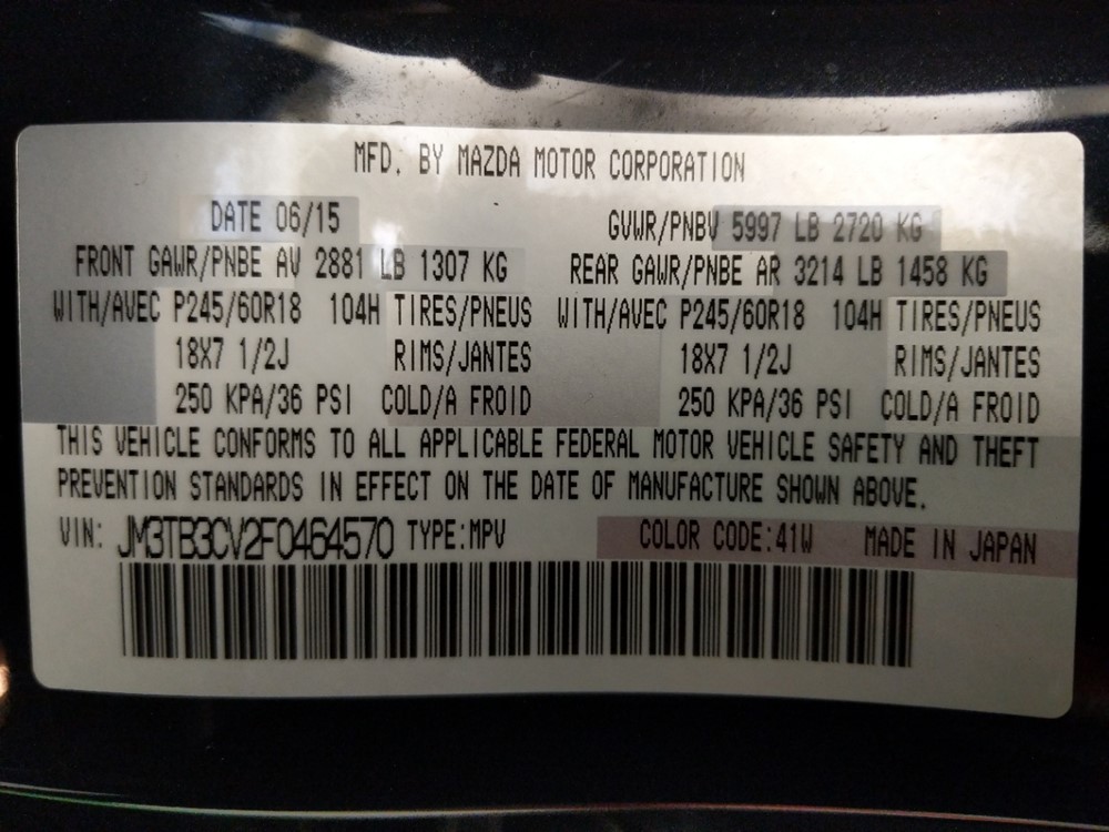 2015 Mazda CX-9 - VIN Plate