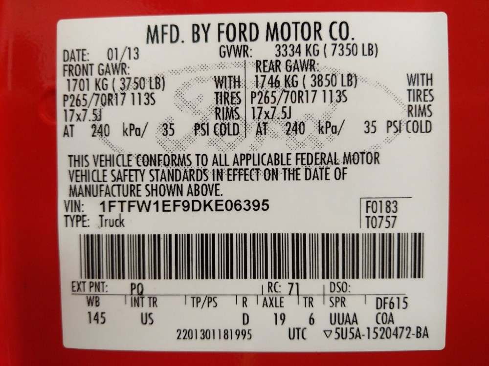 2013 Ford F-150 - VIN Plate