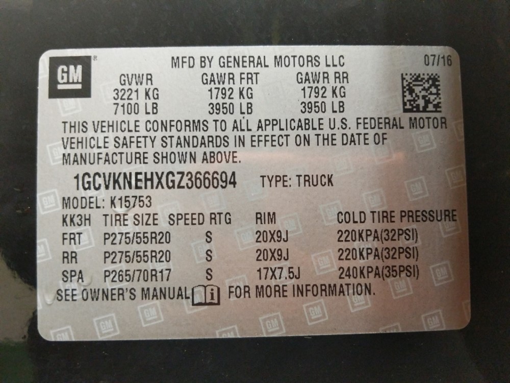 2016 Chevrolet Silverado 1500 - VIN Plate