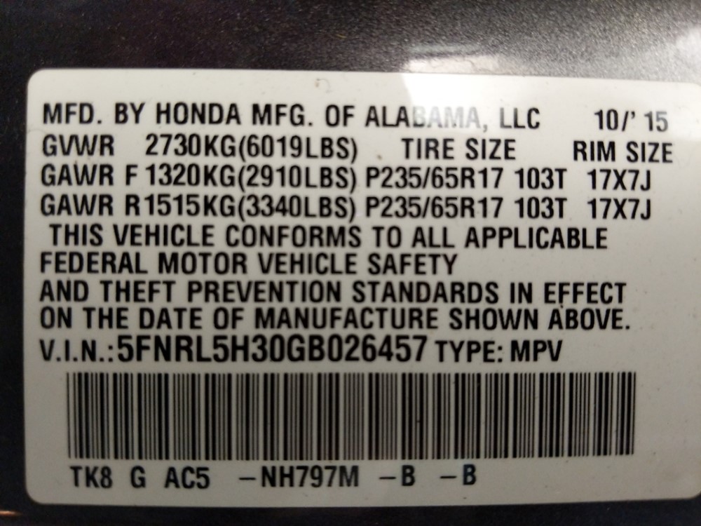 2016 Honda Odyssey - VIN Plate