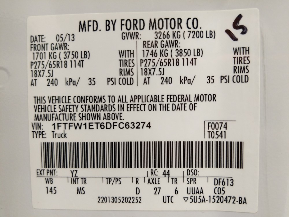 2013 Ford F-150 - VIN Plate