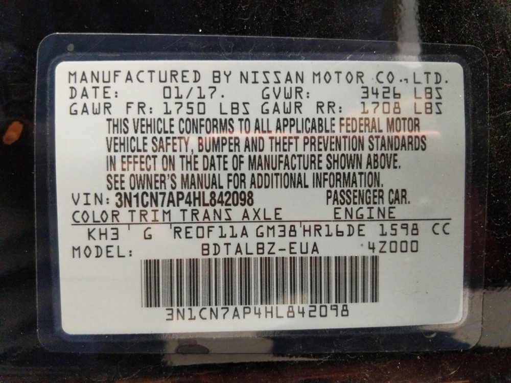 2017 Nissan Versa - VIN Plate