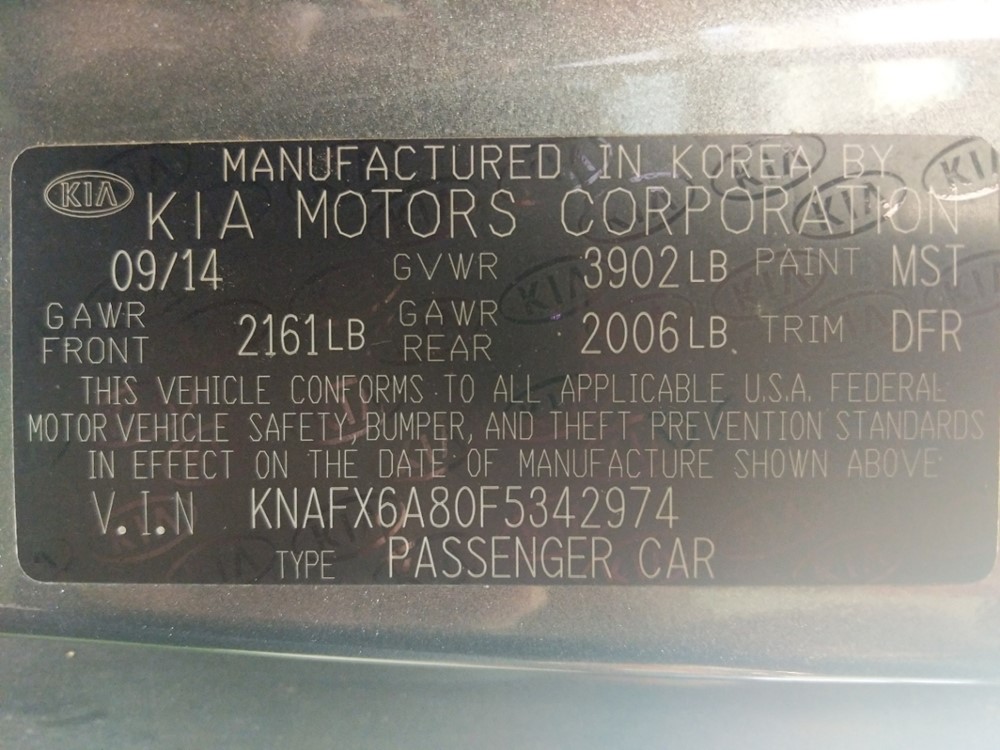 2015 Kia Forte - VIN Plate