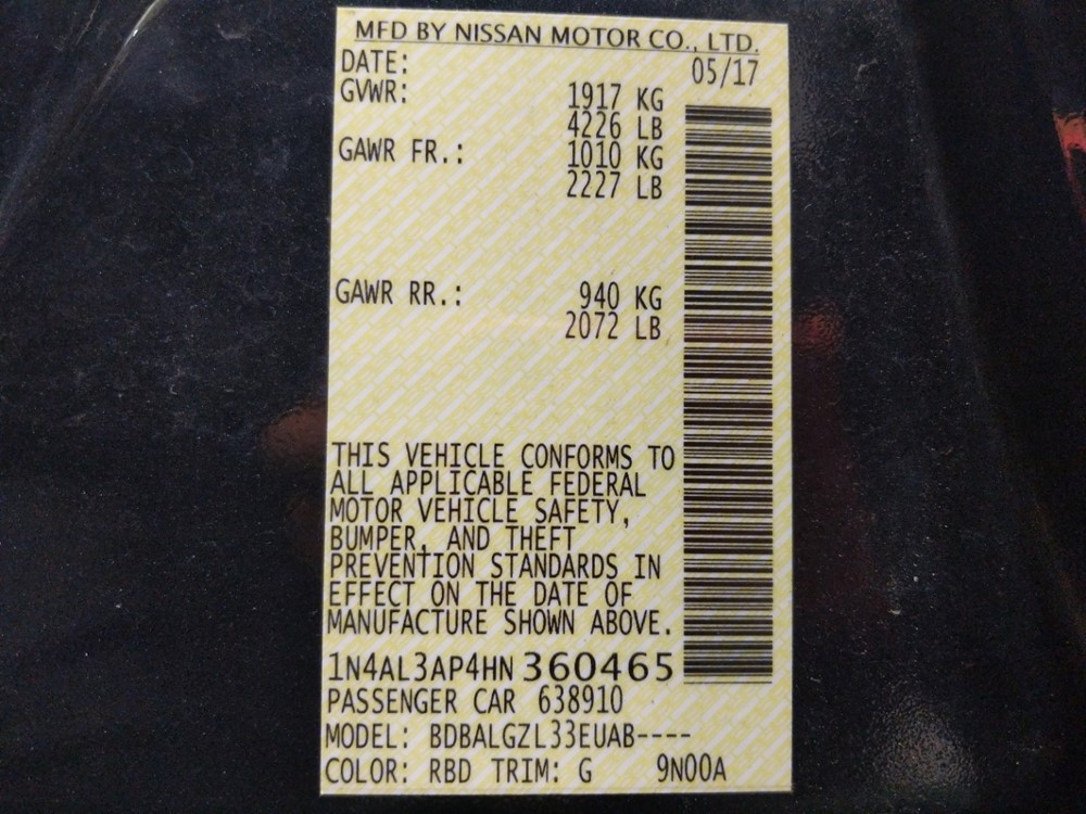 2017 Nissan Altima - VIN Plate