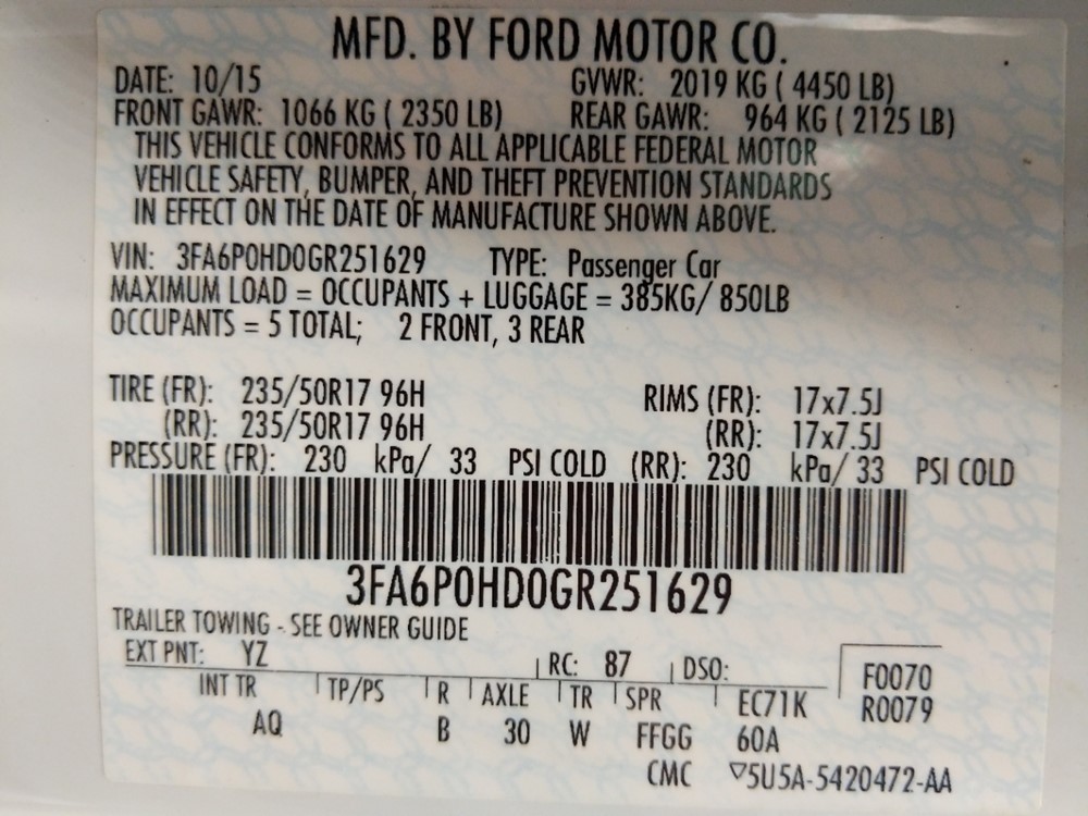 2016 Ford Fusion - VIN Plate