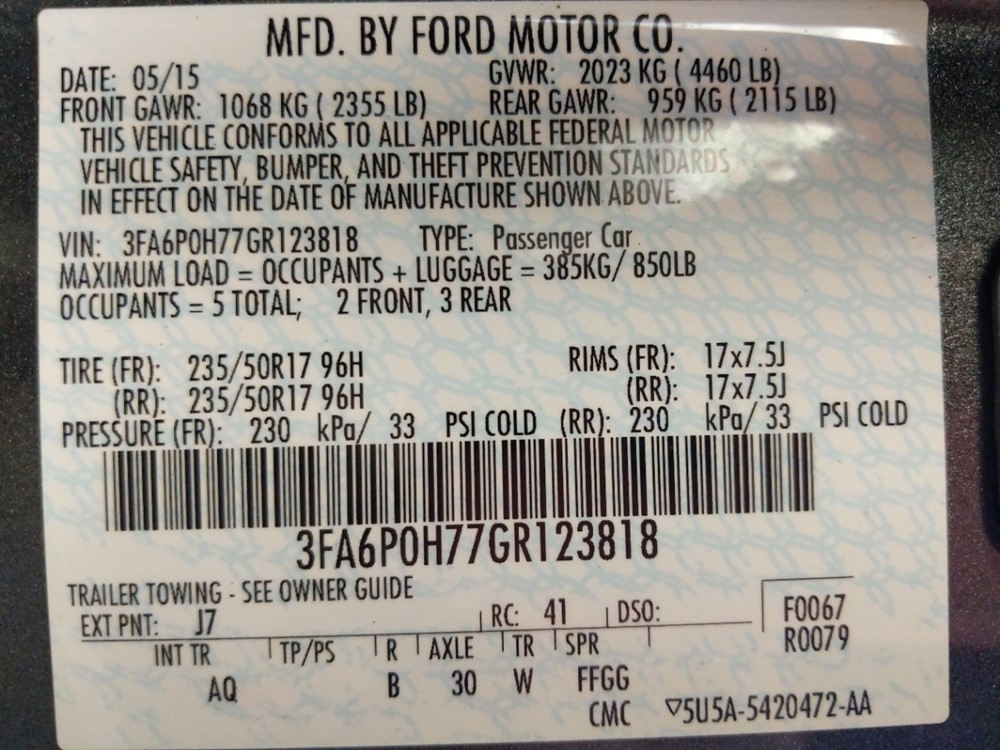 2016 Ford Fusion - VIN Plate
