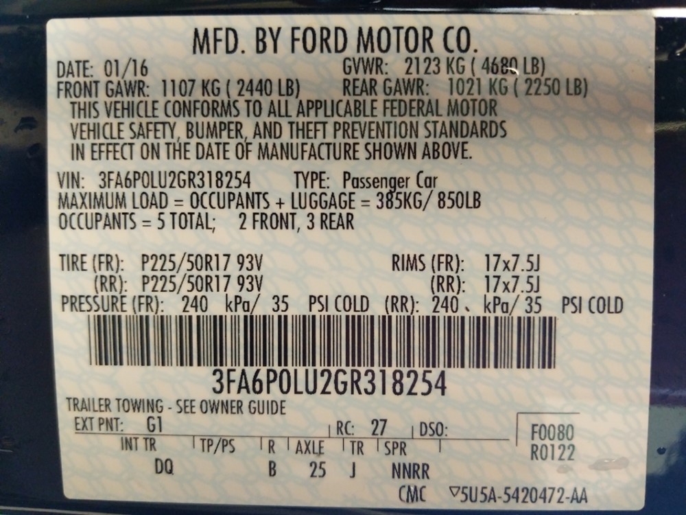 2016 Ford Fusion - VIN Plate