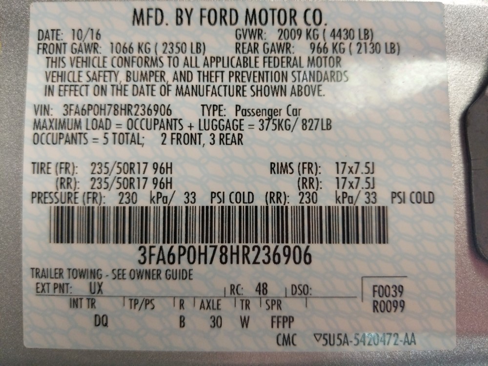 2017 Ford Fusion - VIN Plate