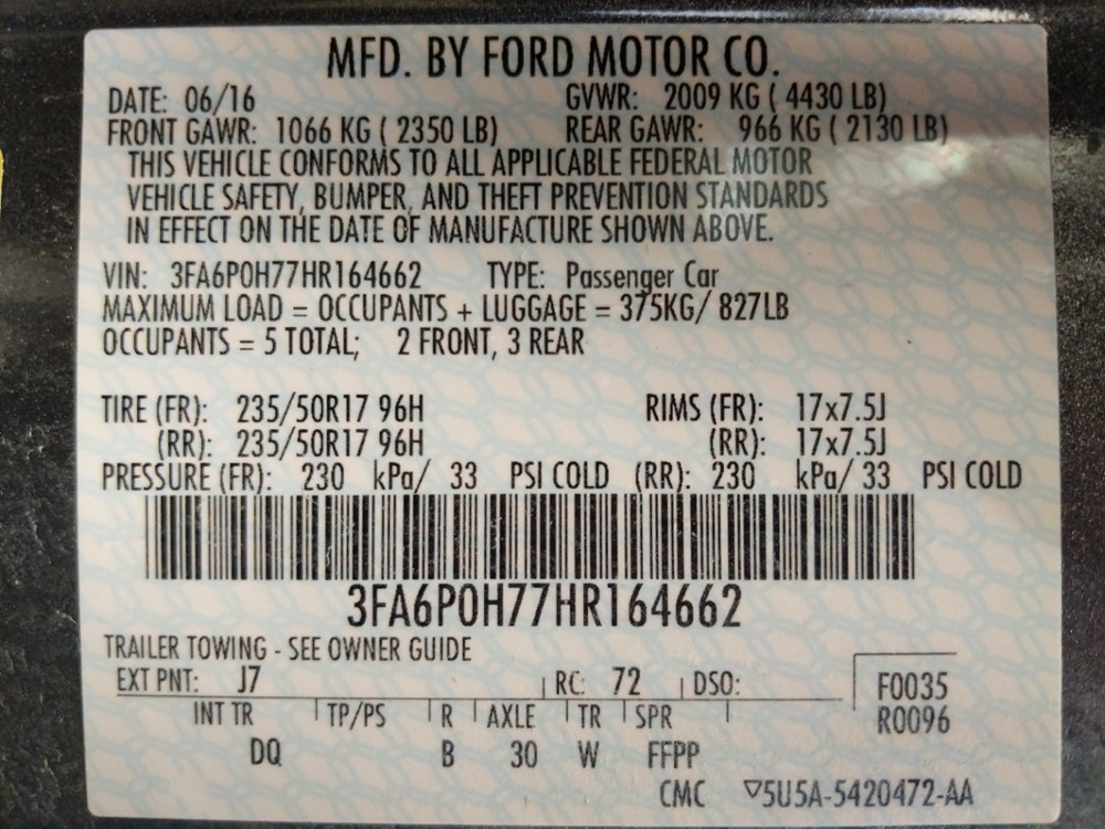 2017 Ford Fusion - VIN Plate