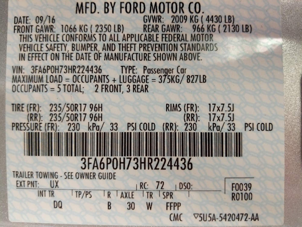 2017 Ford Fusion - VIN Plate