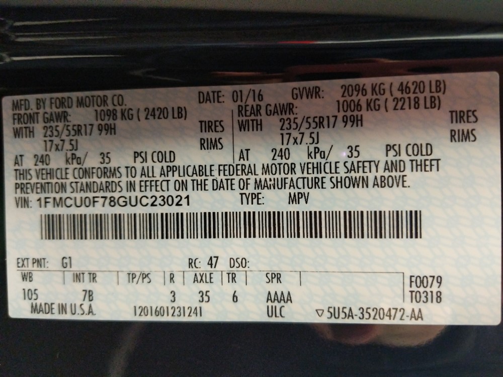 2016 Ford Escape - VIN Plate