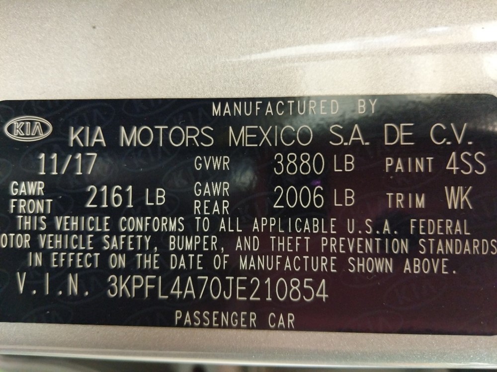 2018 Kia Forte - VIN Plate