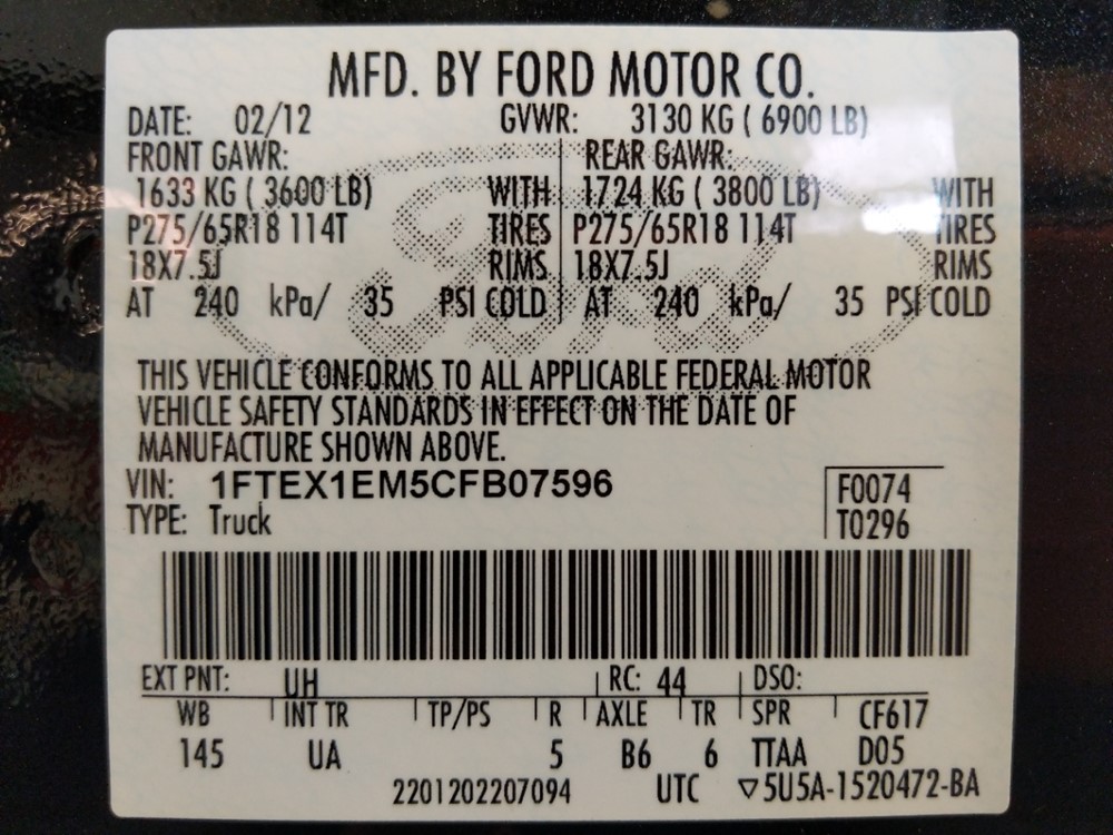 2012 Ford F-150 - VIN Plate