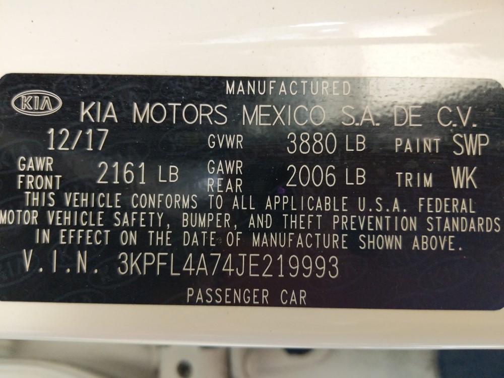 2018 Kia Forte - VIN Plate