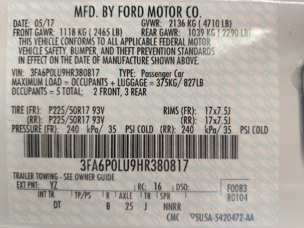 2017 Ford Fusion - VIN Plate