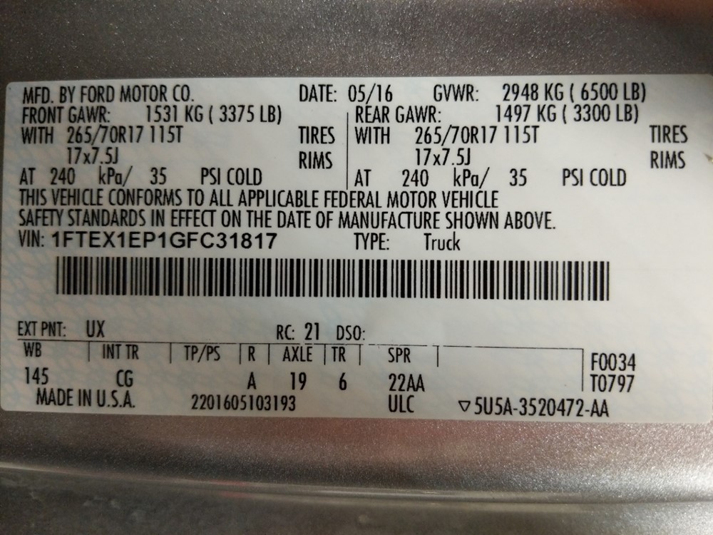 2016 Ford F-150 - VIN Plate