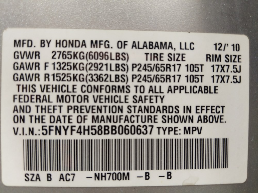 2011 Honda Pilot - VIN Plate