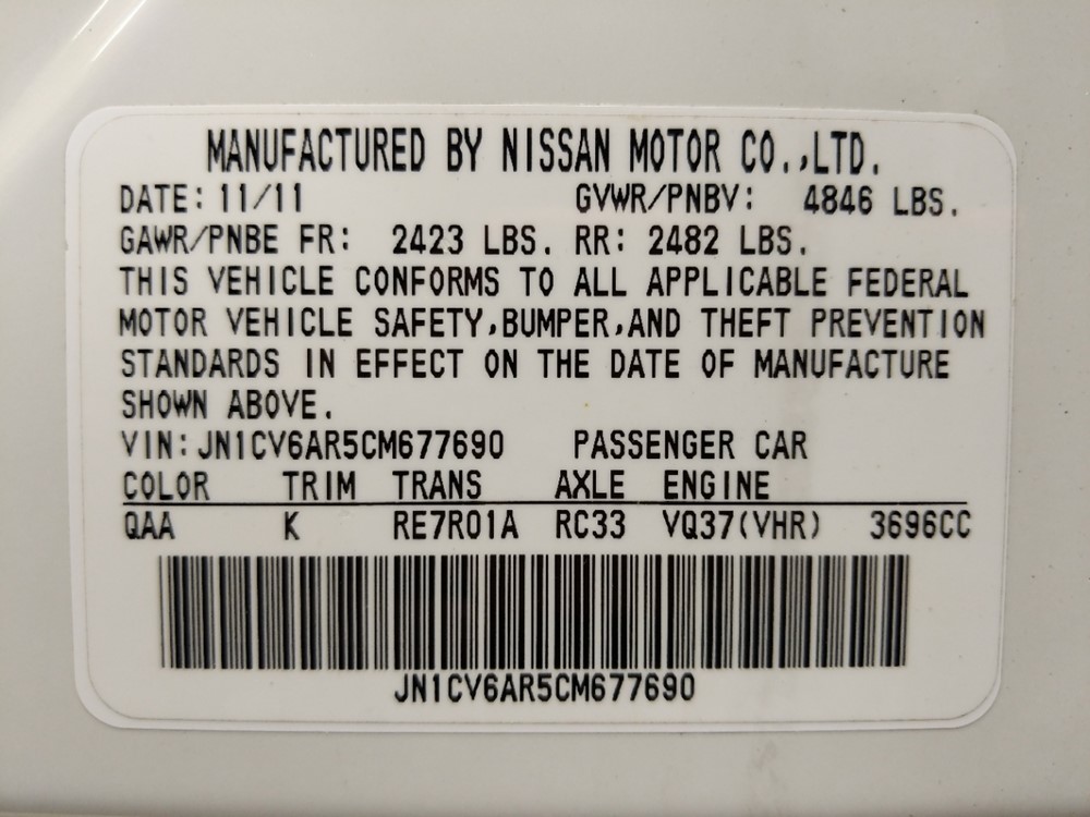 2012 INFINITI G37 - VIN Plate