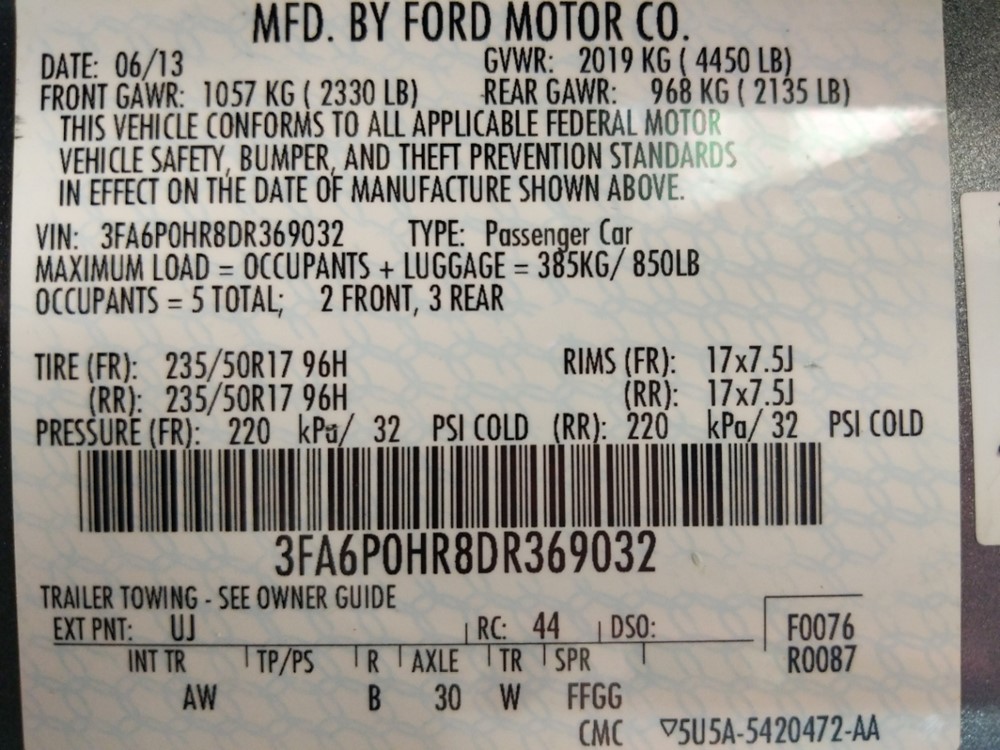 2013 Ford Fusion - VIN Plate