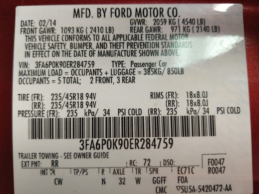 2014 Ford Fusion - VIN Plate