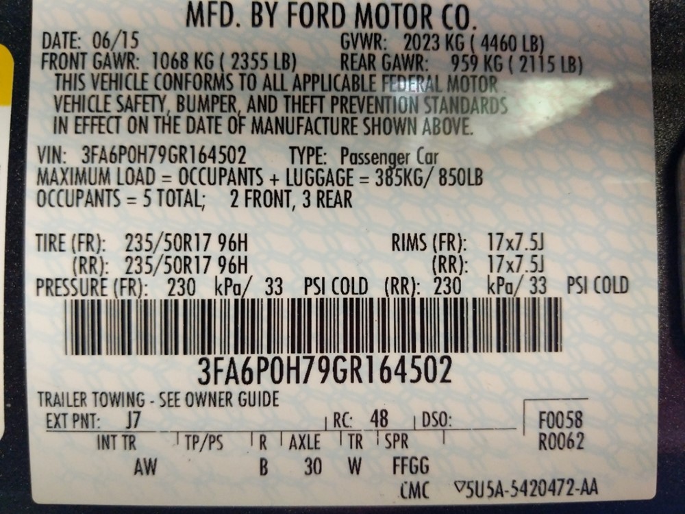 2016 Ford Fusion - VIN Plate
