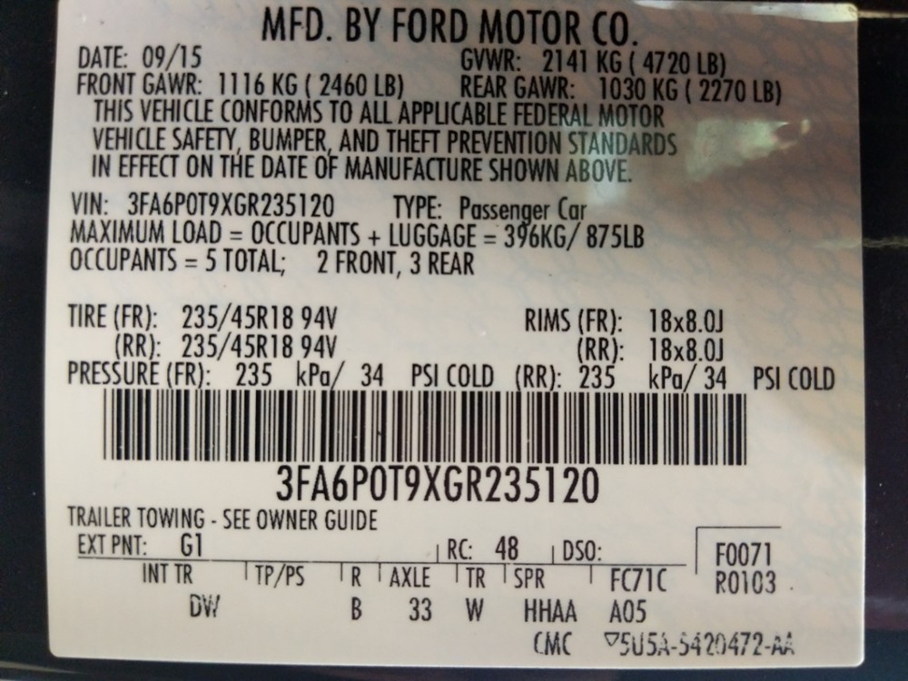 2016 Ford Fusion - VIN Plate