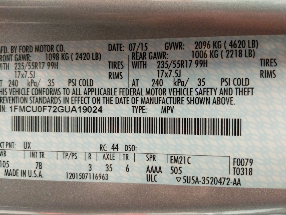2016 Ford Escape - VIN Plate
