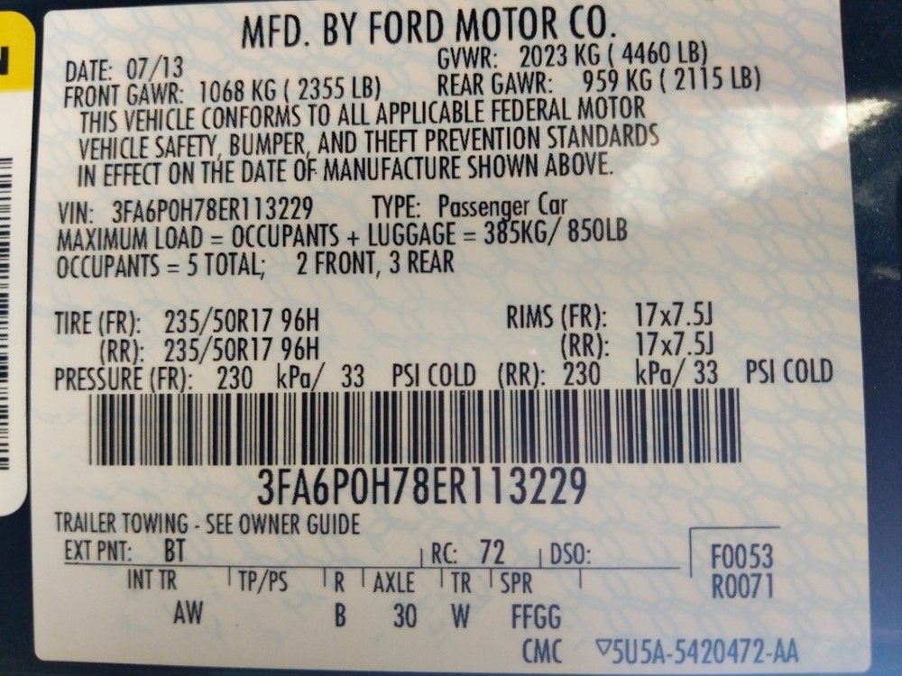 2014 Ford Fusion - VIN Plate