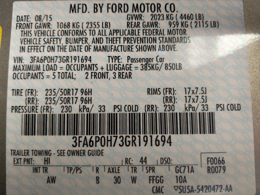 2016 Ford Fusion - VIN Plate