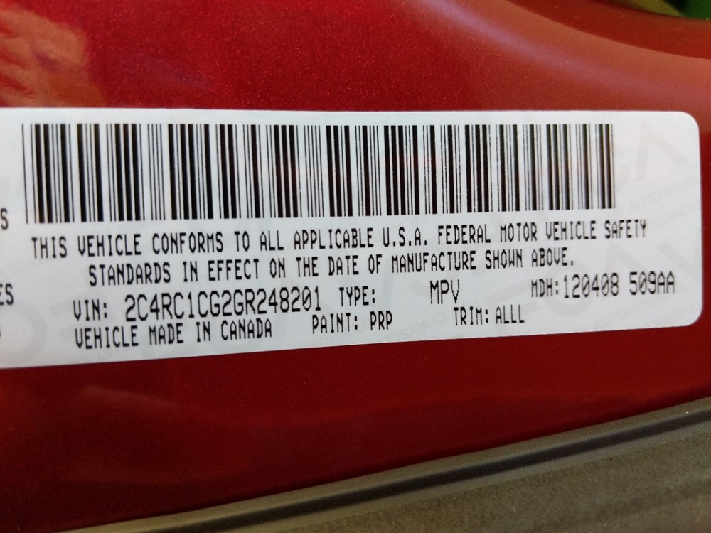 2016 Chrysler Town and Country - VIN Plate