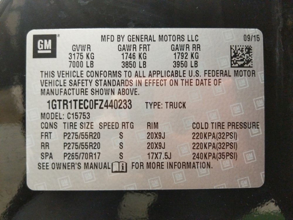 2015 GMC Sierra 1500 - VIN Plate