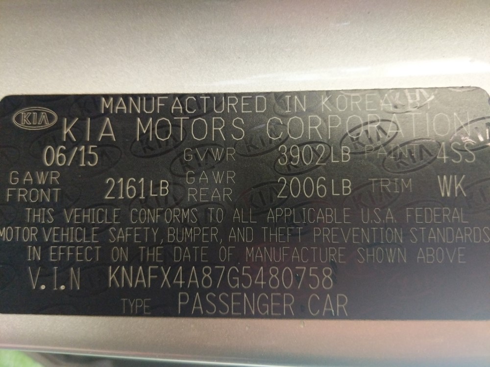 2016 Kia Forte - VIN Plate