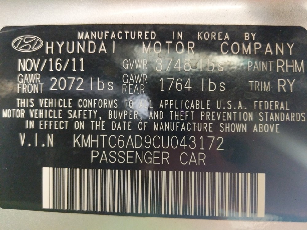 2012 Hyundai Veloster - VIN Plate