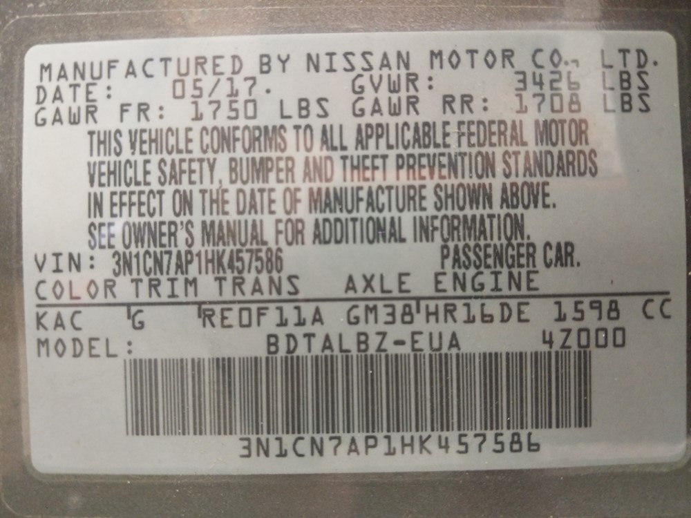 2017 Nissan Versa - VIN Plate