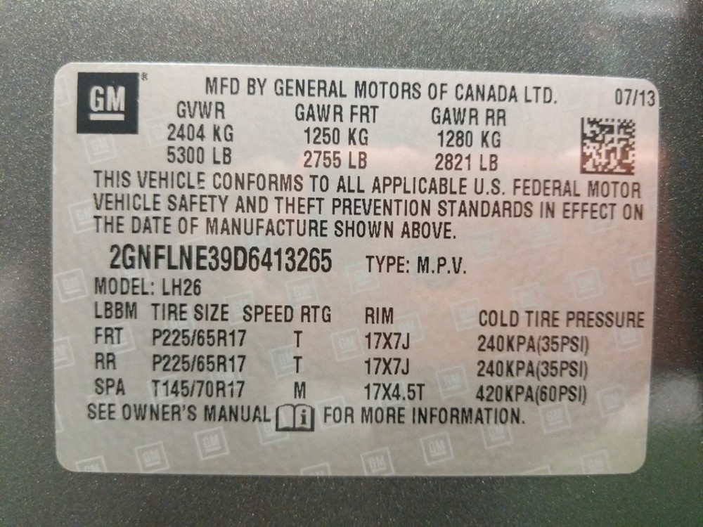 2013 Chevrolet Equinox - VIN Plate