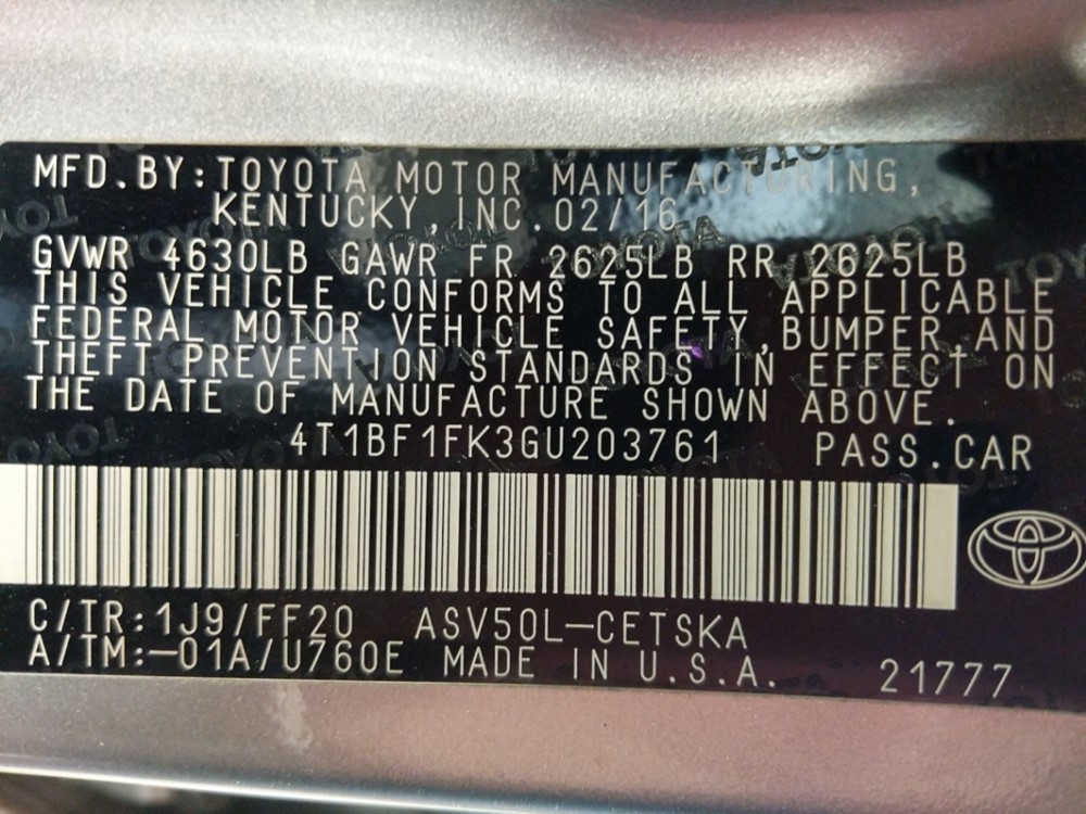 2016 Toyota Camry - VIN Plate