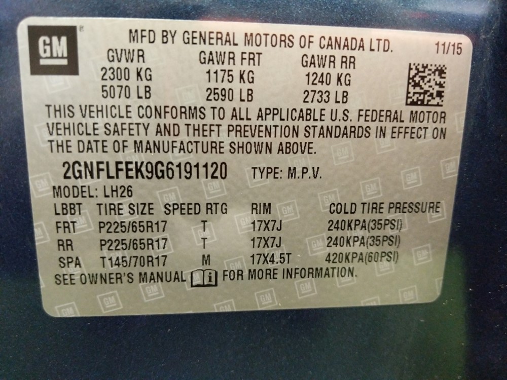 2016 Chevrolet Equinox - VIN Plate