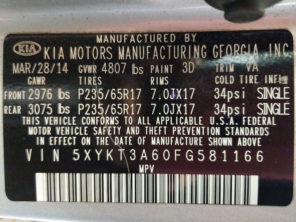2015 Kia Sorento - VIN Plate
