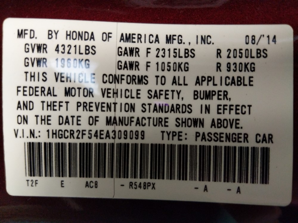 2014 Honda Accord - VIN Plate