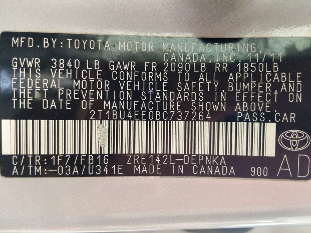 2011 Toyota Corolla - VIN Plate