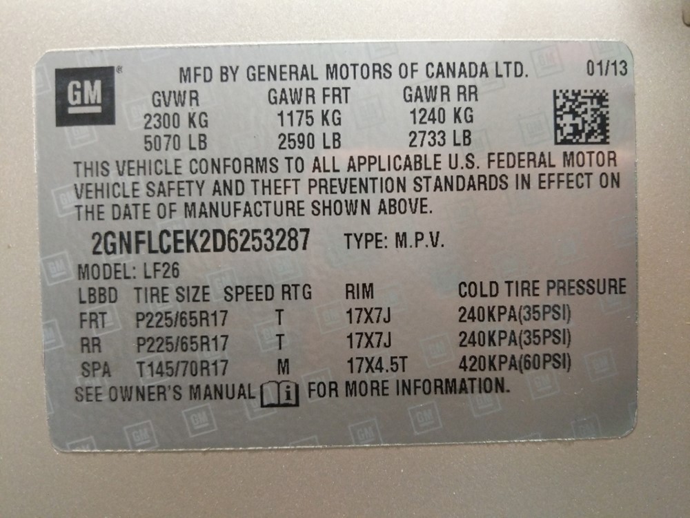 2013 Chevrolet Equinox - VIN Plate
