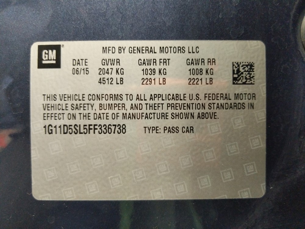 2015 Chevrolet Malibu - VIN Plate