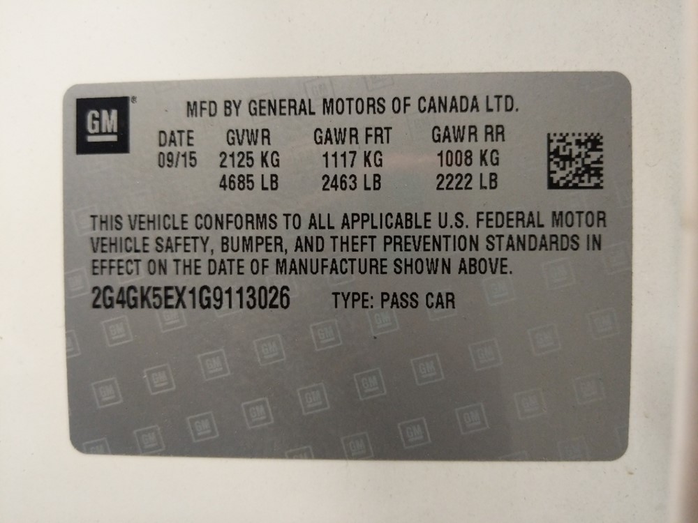 2016 Buick Regal - VIN Plate